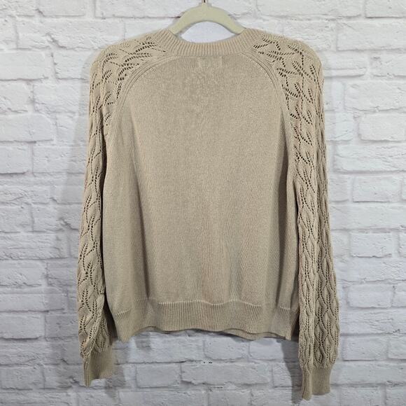 L 27 MILES Pointelle Sleeve Button Up Cardigan In Tan Brown Sz M V Neck Sweater - Picture 5 of 9